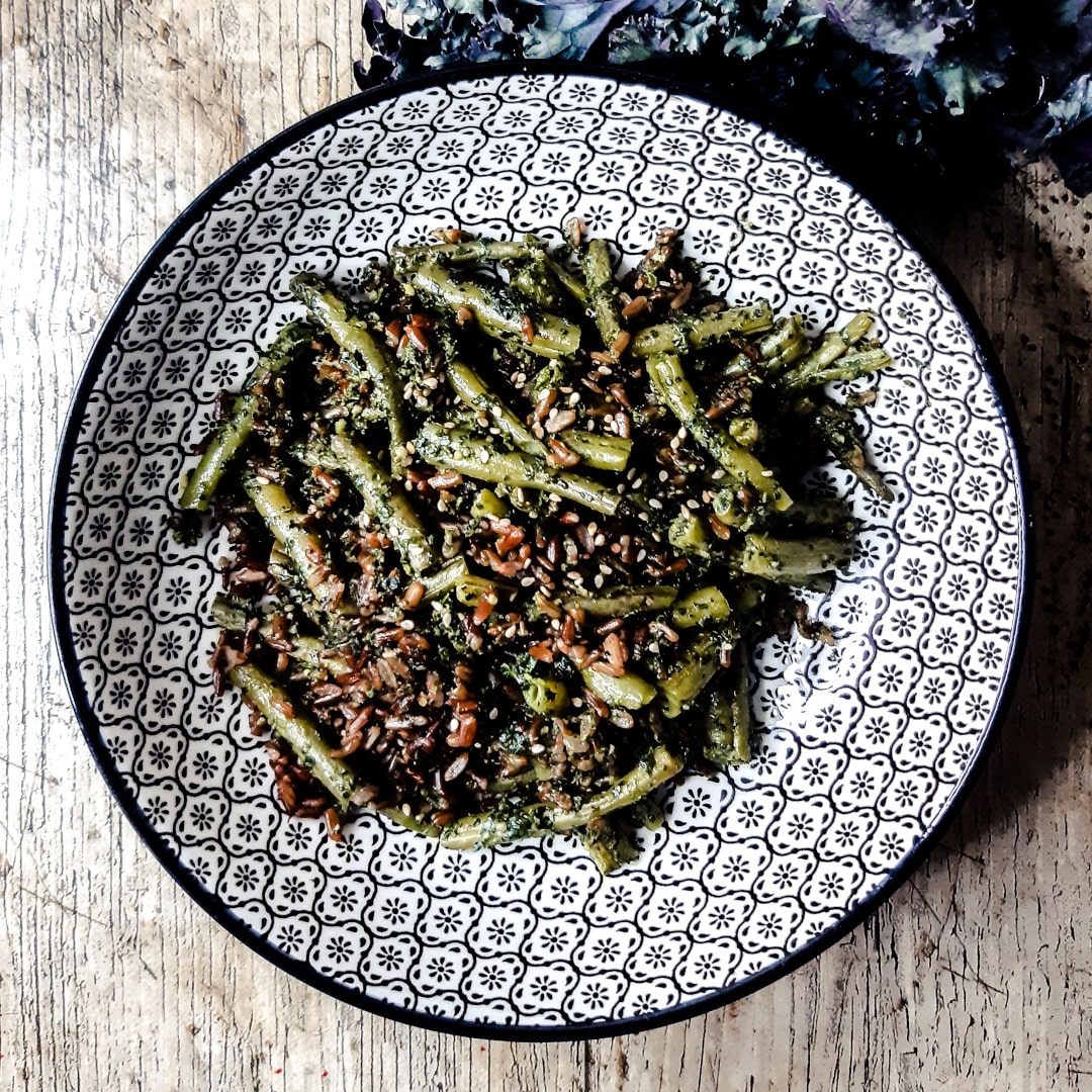 Riz sauté haricots et pesto